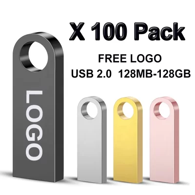 100 Pçs/lote Metal Pen Drive 64GB 32GB 16GB USB Flash Drive 8GB 4GB U Disk Key Stick 2GB 1GB 128MB 256MB Memory Pendrive Logotipo Livre