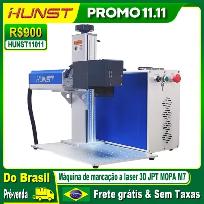 Máquina de gravação de fibra óptica HUNST 3D JPT MOPA M7 60W 80W 100W laser para marcação de superfícies curvas, relevos e produtos irregulares.