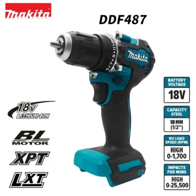 Makita original ddf487 furadeira sem fio, chave de fenda elétrica de impacto sem escova, ferramenta elétrica recarregável de 18v