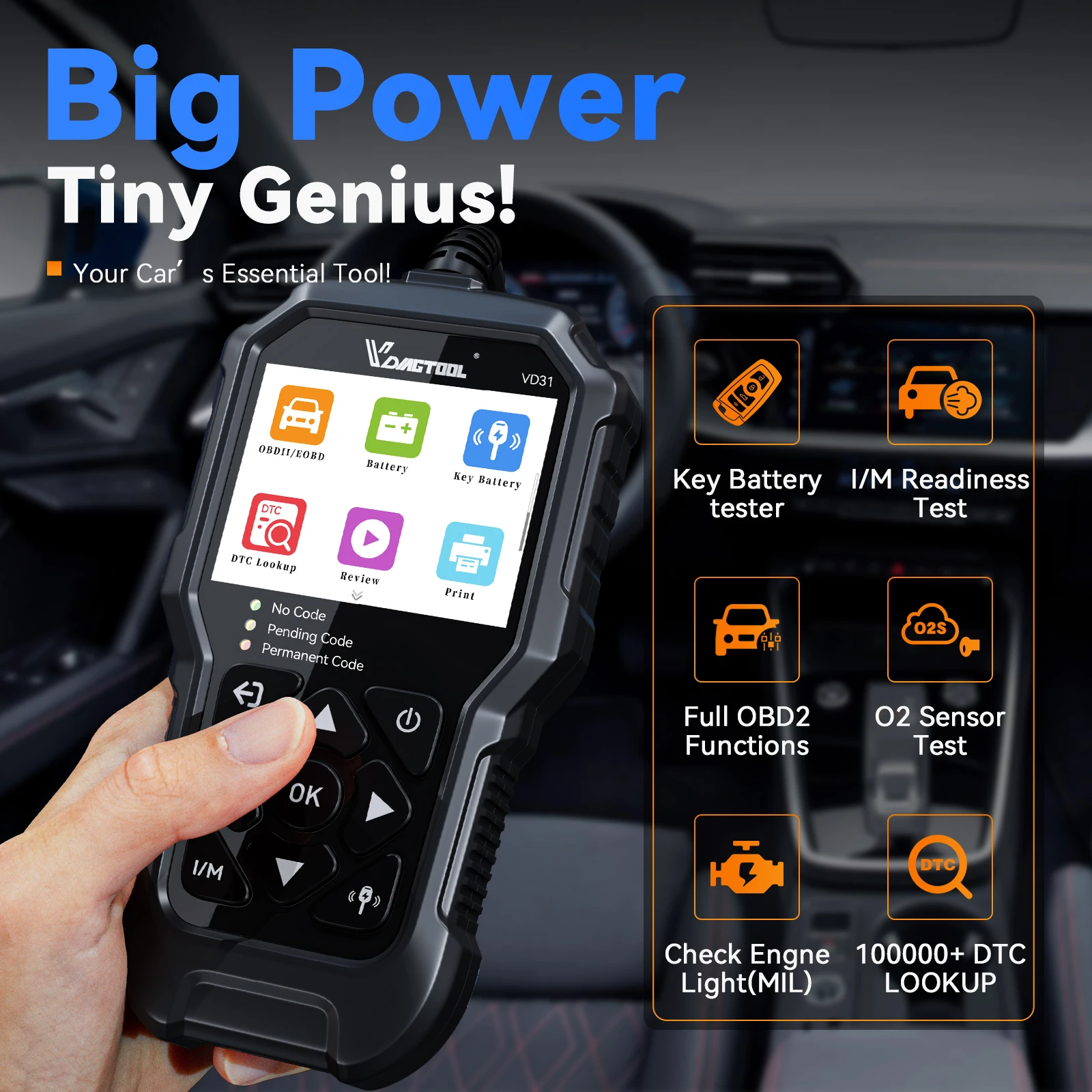 Vdiatool vd31 obd2 scanner leitor de código de falhas do motor do carro com teste de bateria chave/dados ao vivo/i/m leitura para todos os carros obdii - Image 2