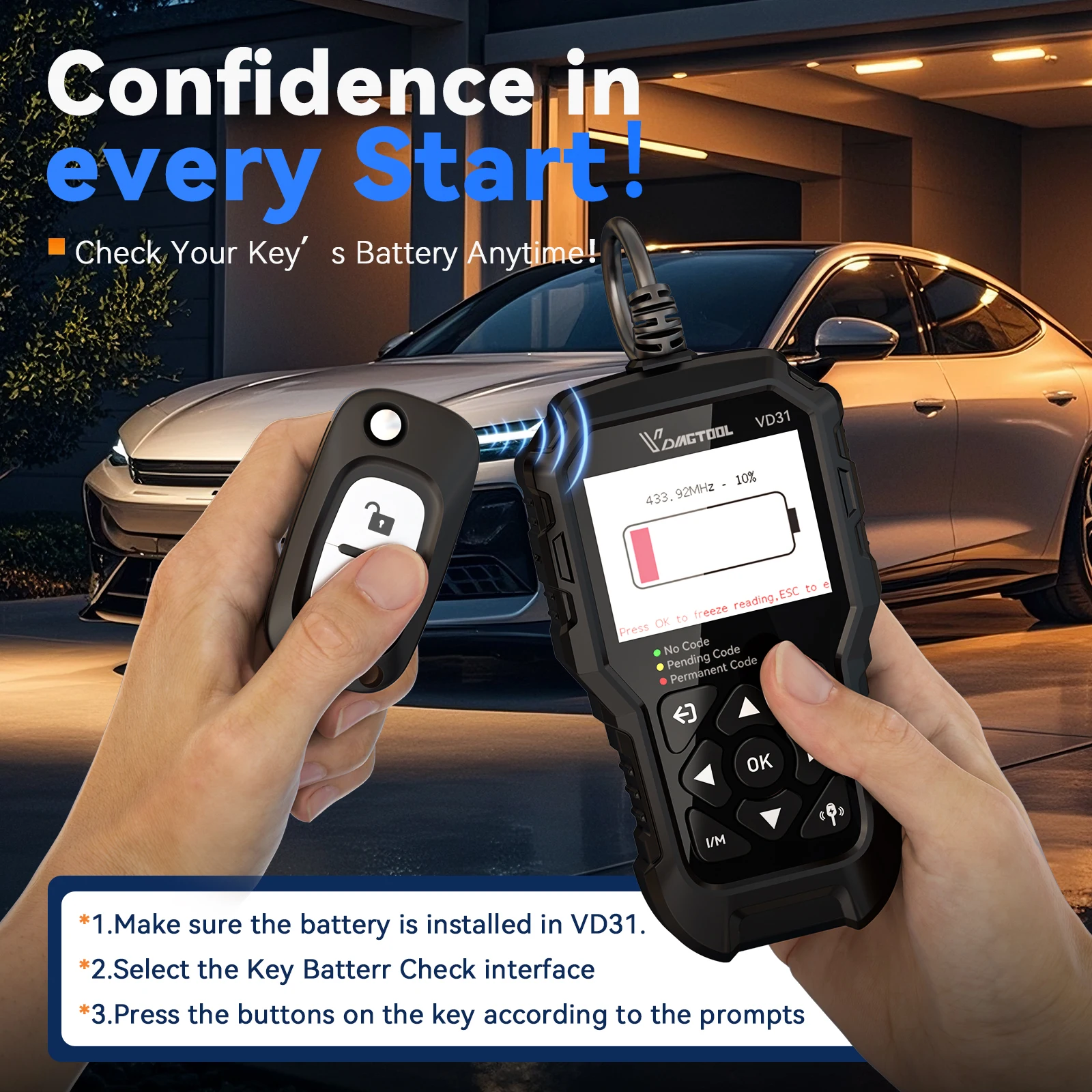 Vdiatool vd31 obd2 scanner leitor de código de falhas do motor do carro com teste de bateria chave/dados ao vivo/i/m leitura para todos os carros obdii - Image 3