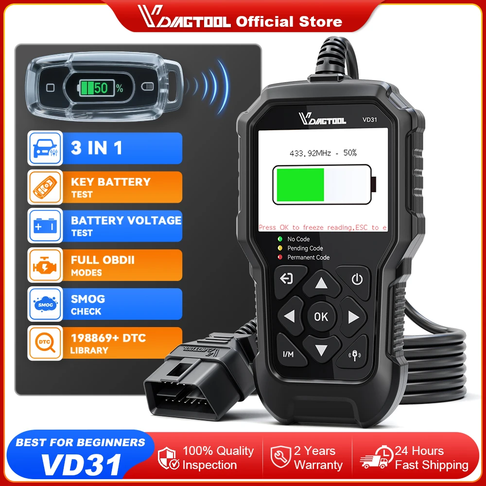 Vdiatool vd31 obd2 scanner leitor de código de falhas do motor do carro com teste de bateria chave/dados ao vivo/i/m leitura para todos os carros obdii