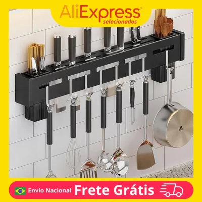 Suporte Organizador Cozinha Pendurar Utensílios Panela Xícara Talher Aço Inox Prateleira Armário Parede Barra Multiuso Gancho
