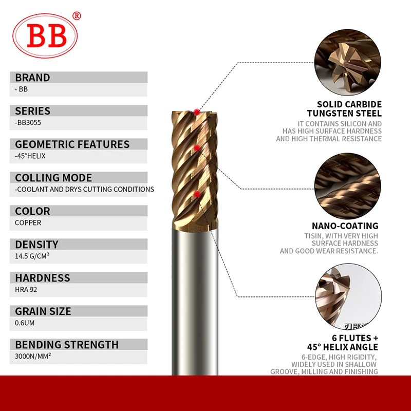 BB 6 Flutes Carbide End Mill Metal Steel 6 Teeth Tungsten Milling Cutter CNC Finishing Machining Router 4mm 6mm 8mm 10mm 12mm - Image 3