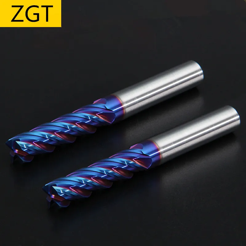 ZGT Endmill Cutting HRC65 4 Flute 3mm 4mm 5mm 6mm 8mm 10mm 12mm Metal Cutter Alloy Carbide Milling Steel Milling Cutter End Mill