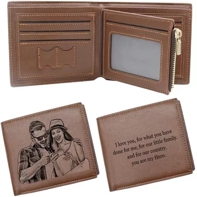 Carteira masculina de gravura, texto de escultura de imagem personalizado DIY, couro curto fino três vezes, porta-moedas com zíper do dia do pai