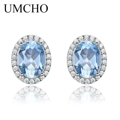 UMCHO-Topázio Azul Brincos para Mulheres, 925 Prata Esterlina, Pedras Preciosas Finas, Presente Festa de Casamento, Moda Feminina, Novo