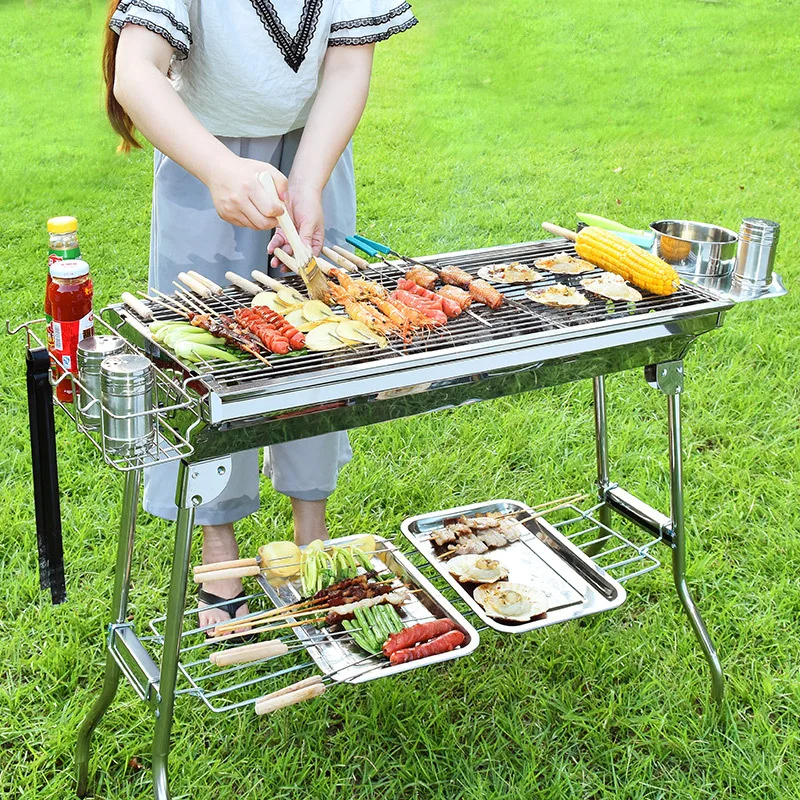 Joylive ao ar livre de aço inoxidável carvão grill churrasqueira ferramenta portátil instalação gratuita alça dobrável churrasco cozinhar grade parque