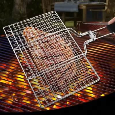 Churrasqueira multifuncional, peixe grelhado e carne, ferramentas duráveis de alta qualidade, alça dobrável, estrutura de malha grelhada ao ar livre