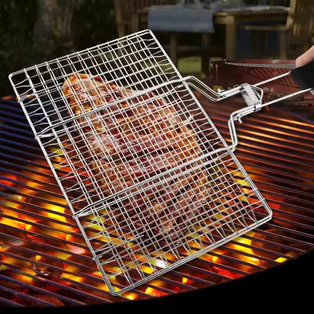 Churrasqueira multifuncional, peixe grelhado e carne, ferramentas duráveis de alta qualidade, alça dobrável, estrutura de malha grelhada ao ar livre