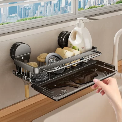 Aobt sem broca pia da cozinha rack de armazenamento ventosa pano drenagem rack multifuncional fixado na parede pia prateleira utensílios pratos