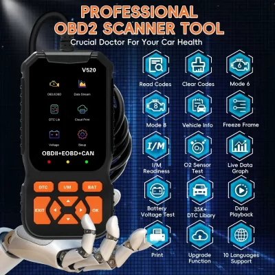 Leitor de código profissional v520 multi-idioma automotivo obd2 scanner ferramenta de diagnóstico dados em tempo real obd2 detector de erro de falhas