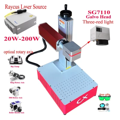 Sg7110 galvo 3 luz vermelha 30w 50 100 raycus 200w máquina de marcação a laser de fibra para aço inoxidável metal jóias anéis pulseira