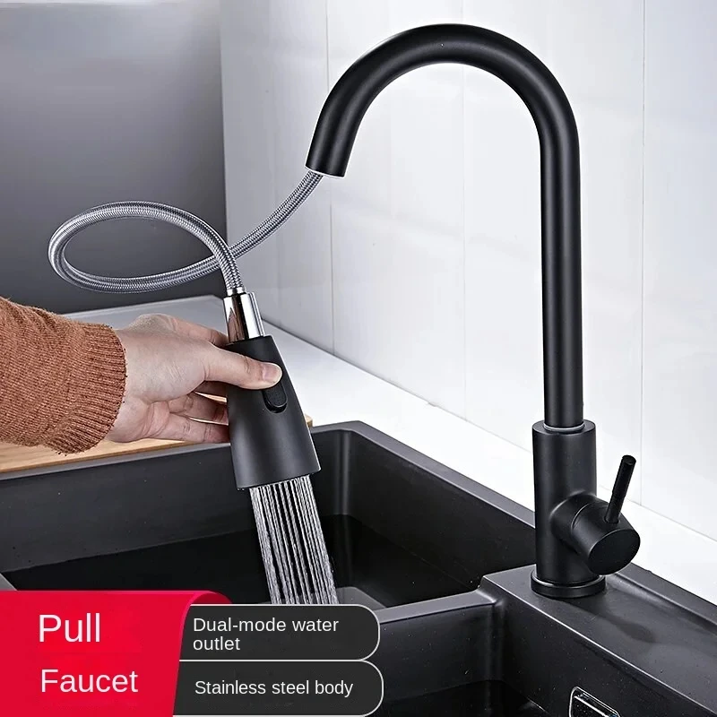 304 torneira da cozinha de aço inoxidável único furo pull out bico pia da cozinha misturadora fluxo pulverizador cabeça rotação 360 torneira