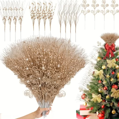 8/16 pçs glitter flores artificiais buquê de frutas enfeites de árvore de natal para decoração de quarto de casa ano novo 2026 acessórios de presente diy