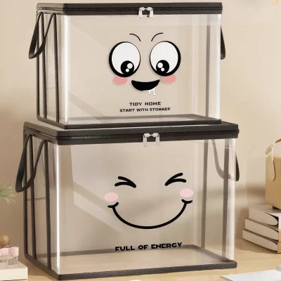 1pc Large Square Storage Box with joyful Face Lid,Black Frame-Heavy-Duty PVC Transparent Organizer Bin,Multi-Purpose Container