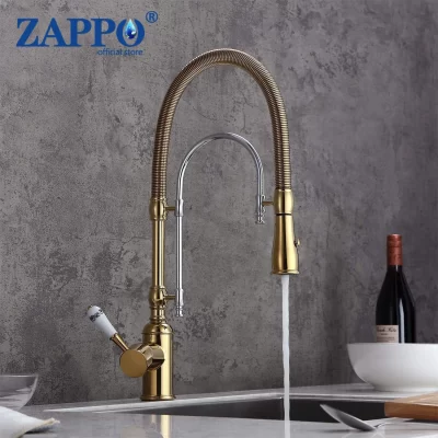 ZAPPO-torneira de pia de cozinha dourada e cromada, arco alto, 360 giratória, modo duplo, pulverizador de puxar para baixo, misturador de porcelana