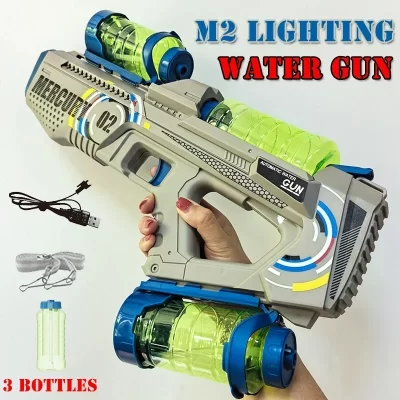 Pistola de água totalmente automática, água contínua, alta capacidade, iluminação e efeitos sonoros, brinquedo para brincar de água ao ar livre para crianças, mercúrio m2