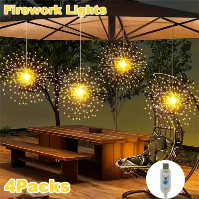 4 pc/set led fogos de artifício luz corda usb pendurado luz de fadas 360led 8 modo piscando interior e exterior decoração do festival de casamento