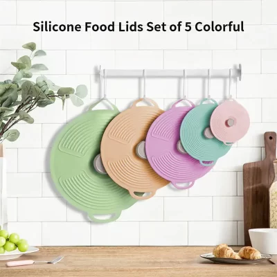 Tampa colorida de silicone de 5 tamanhos para ferver sobre derramamento/tampa de preservação/capa para panela segura para forno com em vez de envoltório de plástico, reutilizável