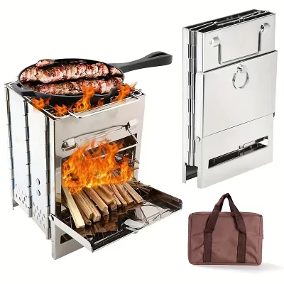Fogão a lenha portátil dobrável de aço inoxidável fogão de acampamento com mini grelha a carvão leve churrasco coreano fogueira