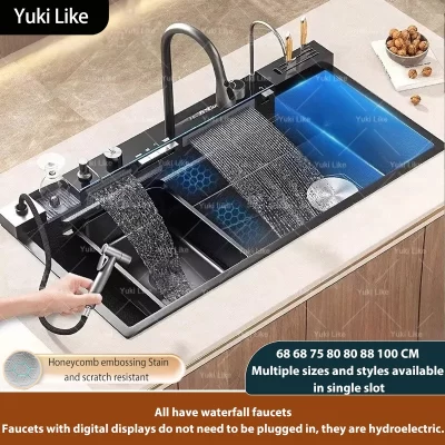 Pia de cozinha cascata de aço inoxidável com display digital multifuncional pias de cozinha grande slot único vários tipos de pias