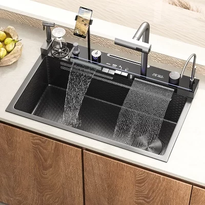 Pia cascata de aço inoxidável 304 para cozinha, grande slot único, display digital, lavatório em relevo, pia de lavar louça doméstica
