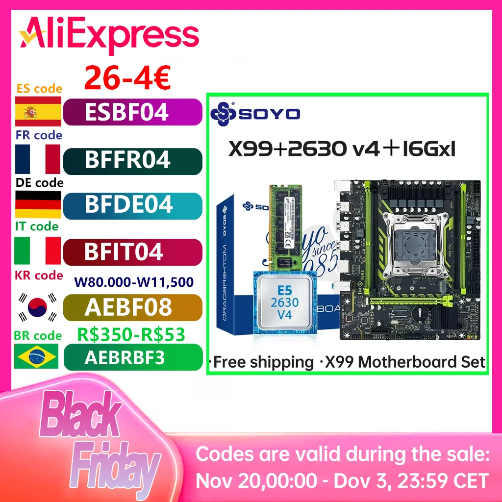 SOYO X99 Motherboard Set With LGA2011-3 Xeon E5 2630 V4 CPU DDR4 16GB (1*16GB) 2133MHz RAM NVME M.2 SATA Computer Accessories