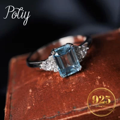 Potiy céu azul topázio esmeralda corte anéis para presente feminino 925 jóias de prata esterlina entrega gratuita elegante dia dos namorados moda