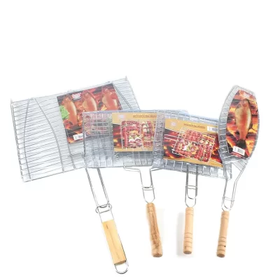 Grelha dobrável para churrasco, aço inoxidável 304 de qualidade alimentar com alça de madeira para peixe, hambúrguer, grelha, rack de malha, acessórios para churrasco