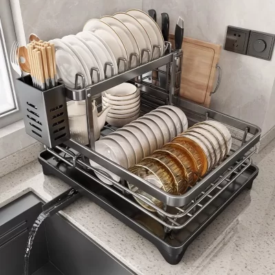 Rack de secagem de pratos de aço inoxidável, organizador ajustável de pratos de cozinha com escorredor sobre pia, organizador de armazenamento