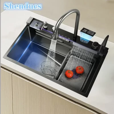 Pia de cozinha inteligente de aço inoxidável 304, com cascata removível, torneiras de cozinha, dispensador de sabão, lavador de copos, pias de cozinha digitais