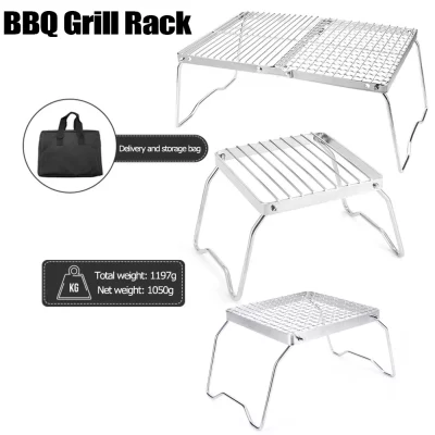 Portable Folding Camping Grill, aço inoxidável, suporte de fogão a lenha ao ar livre, churrasqueira multifuncional, grelha ao ar livre, fogão a gás