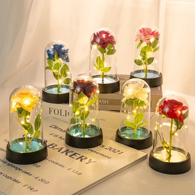 Flores artificiais de rosa, flor eterna em tampa de vidro, luz rosa, presente de aniversário de casamento, dia dos namorados, ornamentos de luminescência