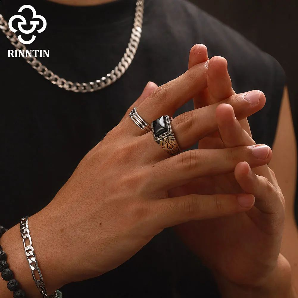 Rinntin moda 925 prata esterlina preto ágata pedra anéis para homens de alta qualidade anel ágata casamento noivado jóias nmr16 - Image 4