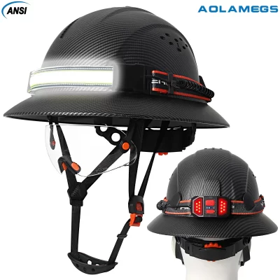Capacete de segurança de aba completa com óculos, lâmpada de cabeça, construção ce ansi, capacete protetor noturno, equitação, escalada, boné de resgate