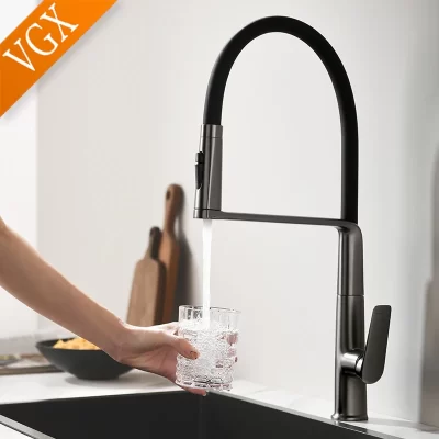 Vgx torneira da cozinha pia torneiras de borracha puxar para baixo fluxo pulverizador torneiras rotativo misturador cozinha água quente e fria guindaste rosa ouro