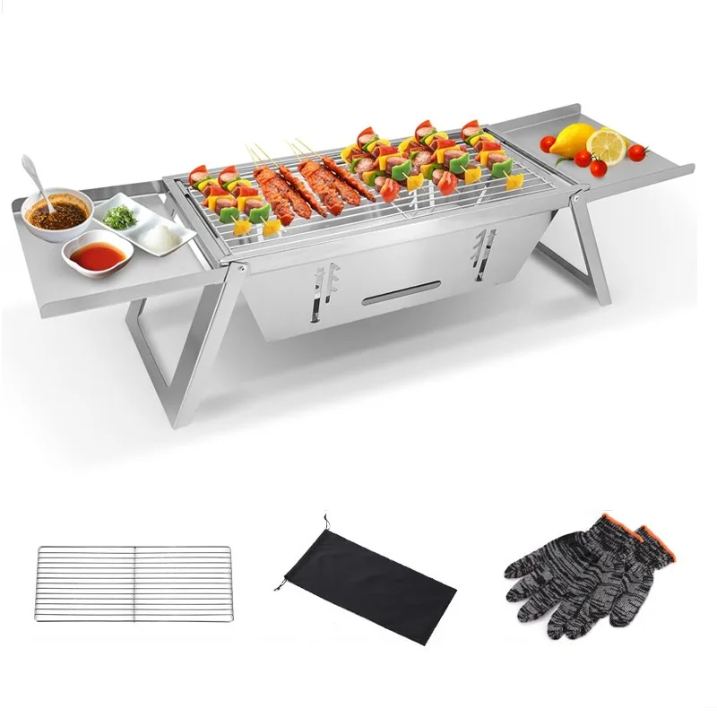 Grelhador a carvão portátil para churrasco, Churrasqueira pequena, leve, aço inoxidável, tampo da mesa, saco de transporte, ao ar livre, churrasco