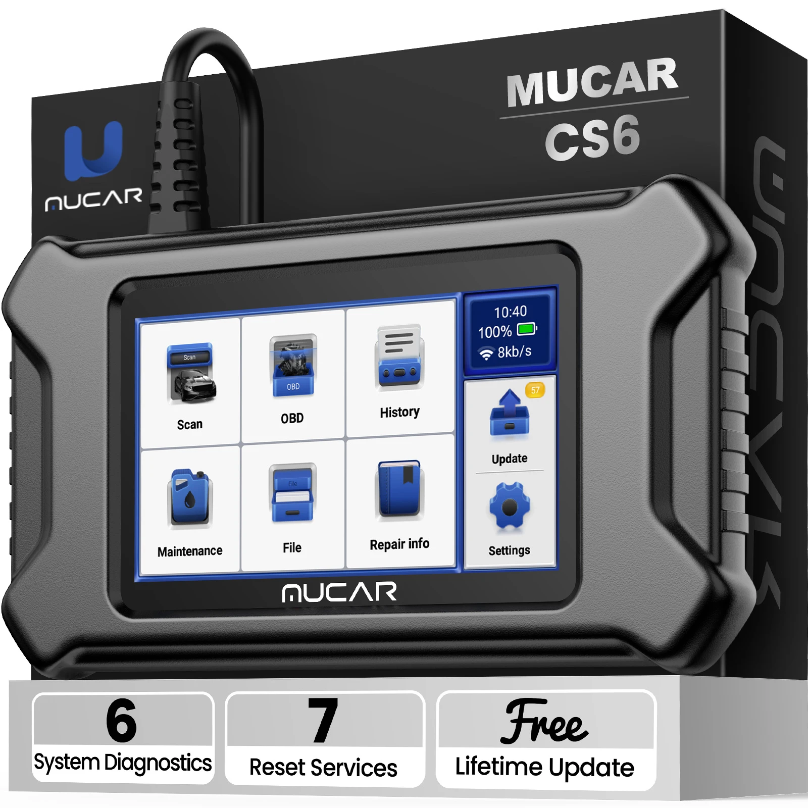 MUCAR-CS6 Scanner automotivo para carro, ferramenta de diagnóstico, ABS, SRS, TCM, ECM, TPMS 6, leitura do código do sistema, freio a óleo, 7 Reset, atualização gratuita vitalícia