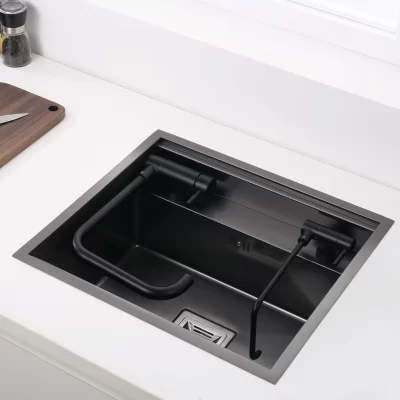 Cozinha preta escondida pia tigela bar, Pia de varanda de aço inoxidável Bar escondido Torneira de água limpa, Cozinha aberta