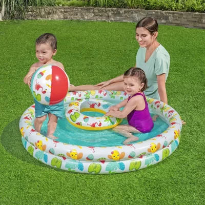 48" x 8" 2-Rings Round Inflatable Swim Pool Set for Kids Child Water Play Pool 3pcs with Ring and Ball Hawaii Theme Outdoor