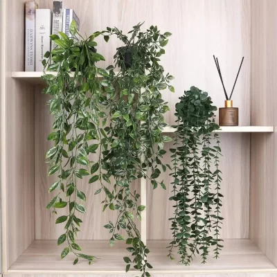 Plantas suspensas artificiais com vaso, plantas falsas, videiras suspensas, prateleira, decoração de plantas em vasos para casa, decoração interna e externa