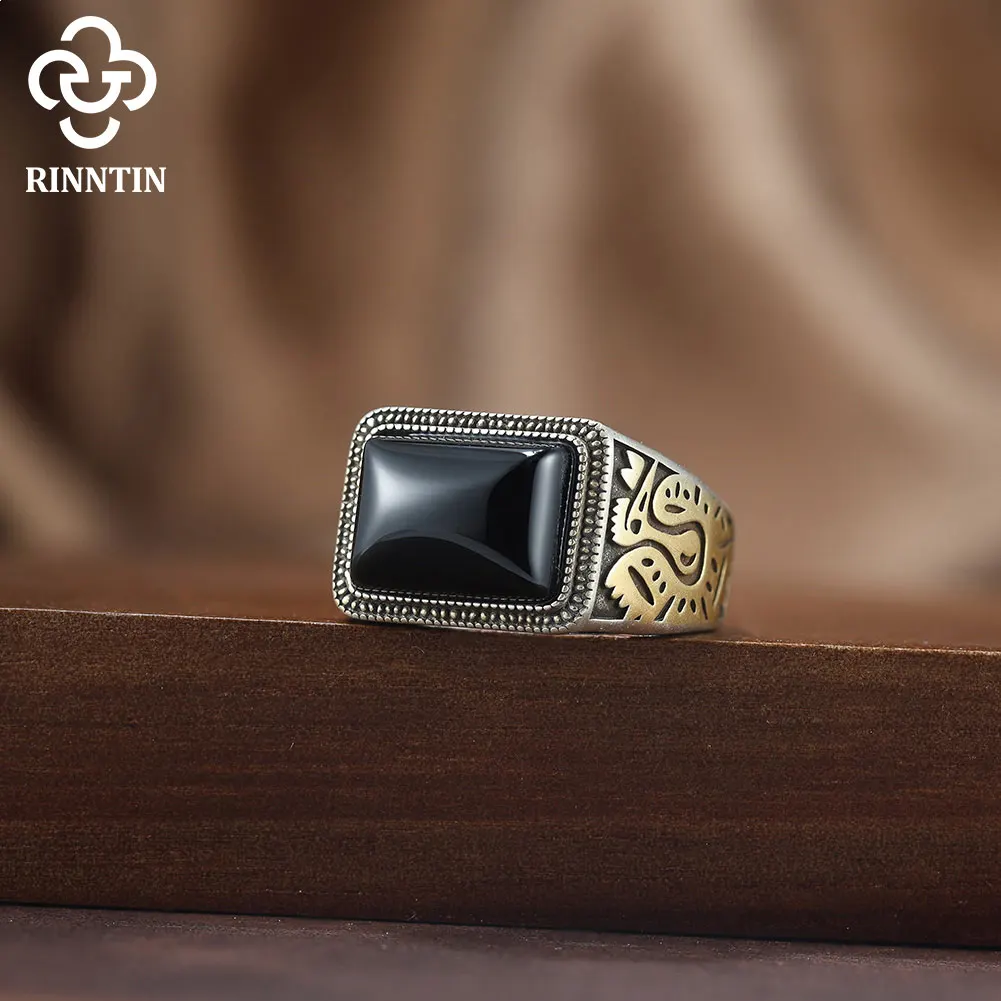 Rinntin moda 925 prata esterlina preto ágata pedra anéis para homens de alta qualidade anel ágata casamento noivado jóias nmr16