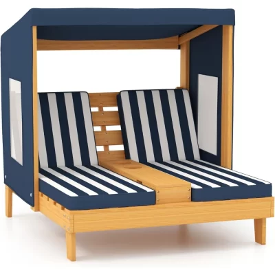 Kids Chaise Lounge Chair Outdoor, Toddler Wood Double Pool Lounger Chairs w/Canopy, Cup Holders, Removable Stripped Fabric Cush