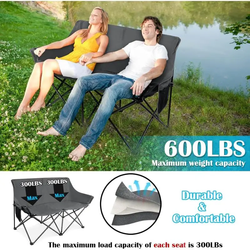 Folding Camping Chair Portable Double Seat For Adults Heavy Duty Outdoor Loveseat Durable Foldable For Camping Patio Beach