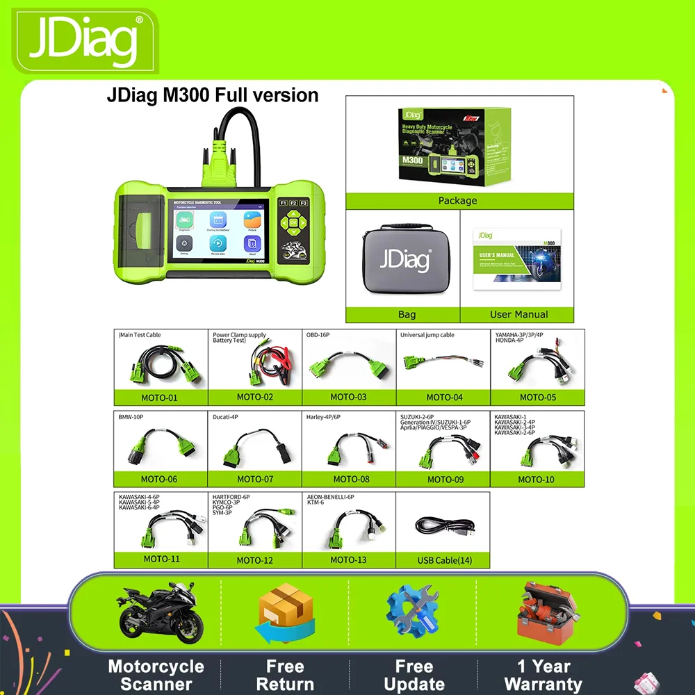 Ferramenta de scanner de motocicleta JDiag M300 OBD2 com controle bidirecional, teste ativo, sangramento ABS para Harley Ducati BMW Benelli