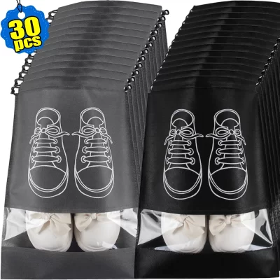 30/1x Portable Non-Woven Cloth Shoe Bags Waterproof Dustproof Travel Shoe Storage Bag Hanging Drawstring Packing Pouch Organizer