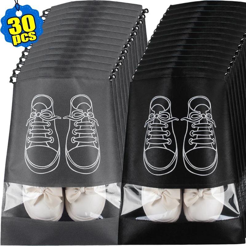 30/1x Portable Non-Woven Cloth Shoe Bags Waterproof Dustproof Travel Shoe Storage Bag Hanging Drawstring Packing Pouch Organizer