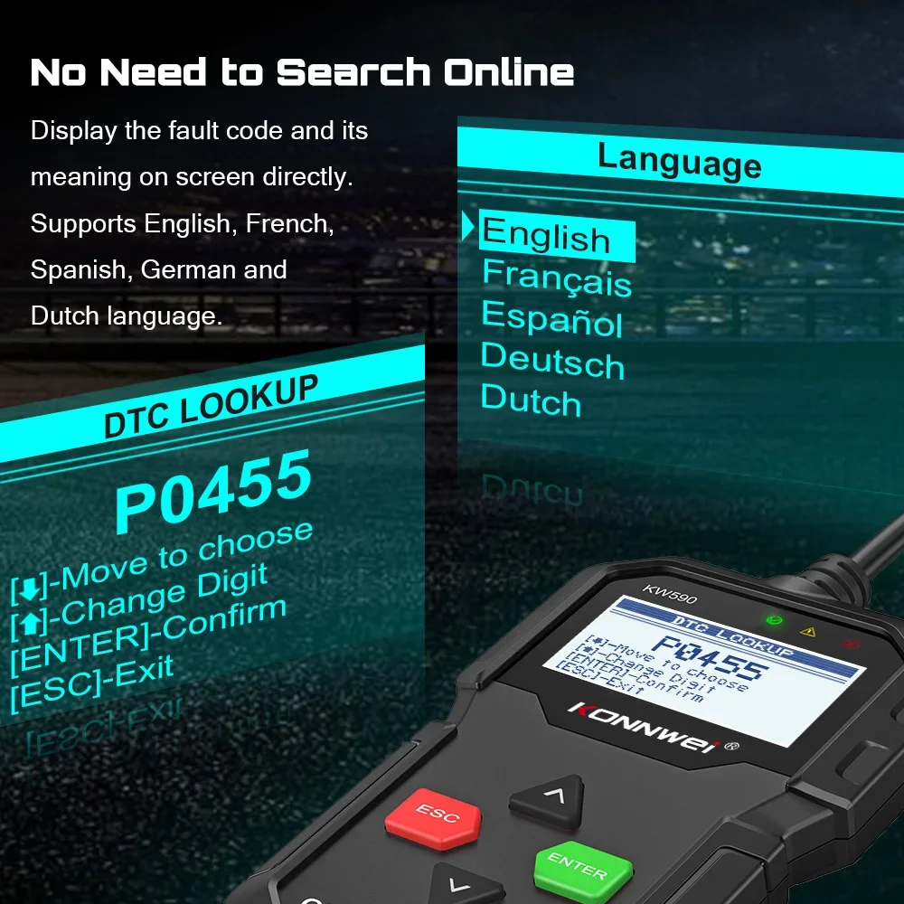 2025 novo konnwei kw590 obd2 scanner leitor de código de carro obdii ferramenta de diagnóstico claro código de falhas suporte multi-marcas carros & idiomas - Image 2