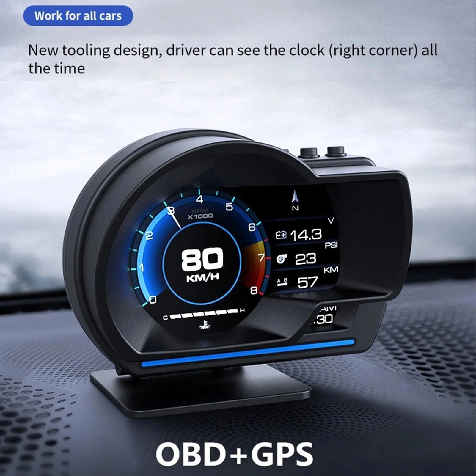 Car Smart Head Up Display OBD2 GPS Digital HUD Speedometer Turbo RPM Alarm Head‑Up Displayer